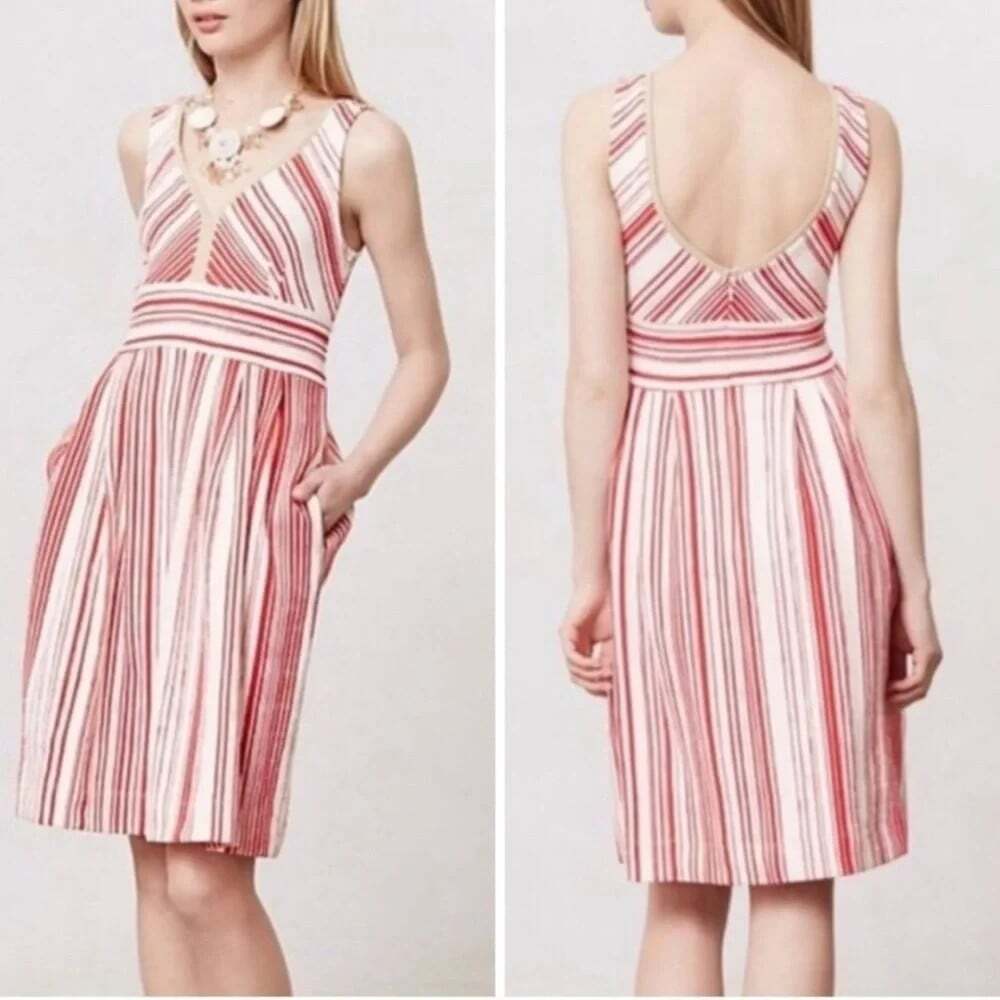 Anthropologie POSTMARK Poppy Women Sleeveless Stripe Dress Sz 10 Red White 22-10